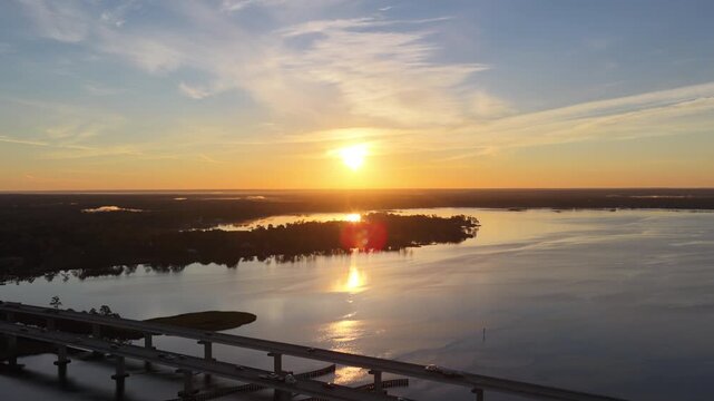 Blackwater River Bridge (I-10 Highway) Near Shields Point In Milton, Florida, United States. Aerial Pullback Shot