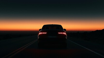 Naklejka premium Car traveling on a desolate road as sun sets, taillights illuminating the path forward into the twilight and deep blue sky