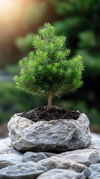 Healthy Green Young Pine Tree Sapling Growing in Rock Planter on Natural Stone Surface