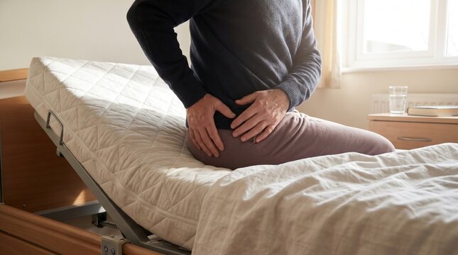 Senior man sitting on a hospital bed suffering from hip or pelvic pain