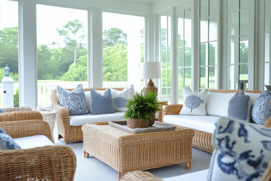 Sunlit coastal-inspired sunroom with wicker furniture, blue and white pillows, and large windows framing lush green views