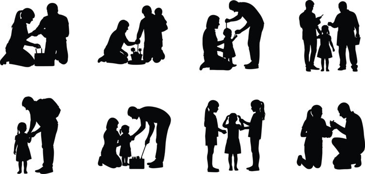 Set of family silhouettes with parents and children interacting doing outdoor activities gardening and playing together