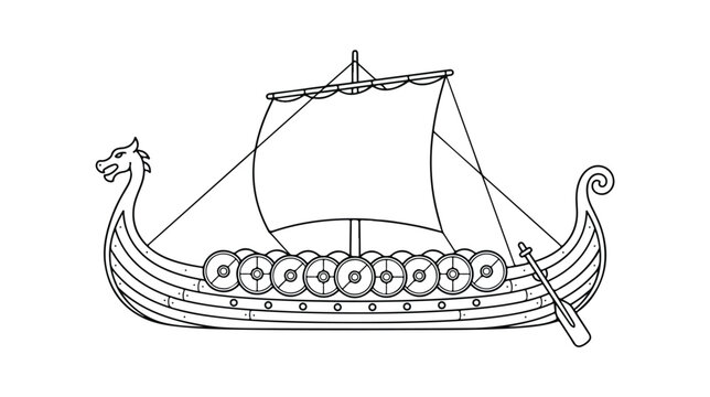 Viking longship vector illustration, ancient Norse dragon boat, historical Scandinavian sailing vessel, traditional medieval warship outline.