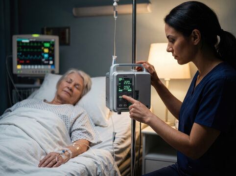 Caring nurse attending to senior patient with IV infusion pump