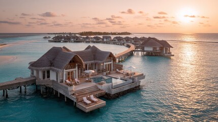Fototapeta premium Luxury overwater villas at sunset showcasing tropical vacation destination