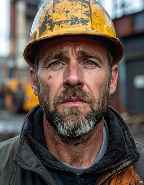 A close-up portrait of a serious male construction worker wearing a worn yellow hard hat and rugged work jacket.