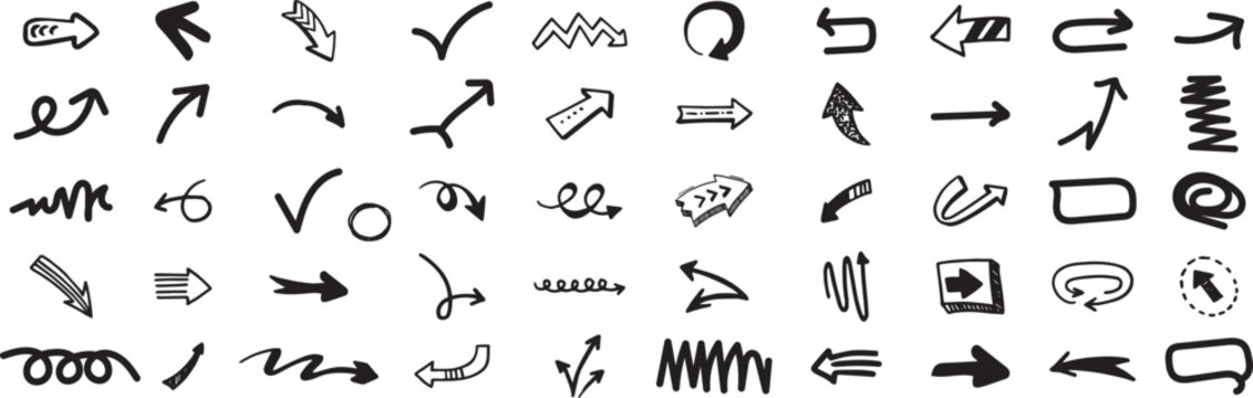 Hand Drawn Arrow icon Symbols Brush Stroke Texture,And Miscellaneous Markings Collection and symbol doodles on a white background