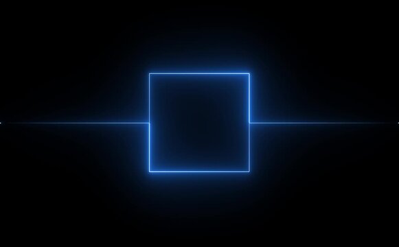 rectangle frame icon animation glowing neon blue color bordar frame display box round shape retro screen photo frame rotation seamless footage line movement on black background.4k video