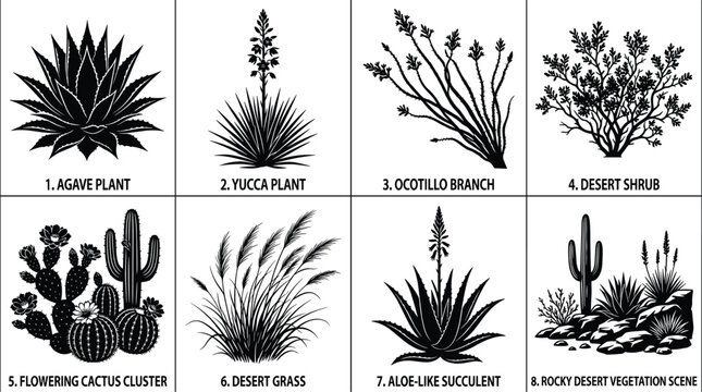 Desert Plant Silhouette Vector Set Featuring Agave Yucca Flowering Cactus Succulents and Rocky Vegetation Scenes
