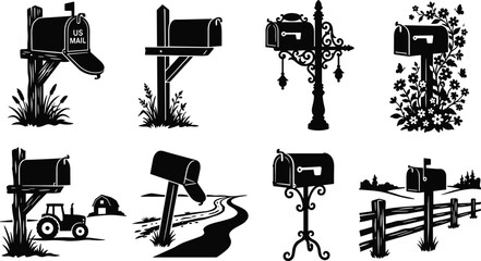 Vintage Mailbox Silhouette Vector Set Featuring Country Farm Post Boxes Ornate Metal Stands and Rural Scenes © Fajle