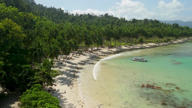 Aerial flyover along Coconut Beach revealing dense palm forest, curved white sand shore, anchored bangka boat, fish traps and turquoise waters