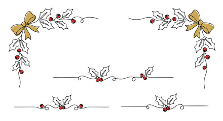 christmas holly berry border gold ribbon bows © vladbokii
