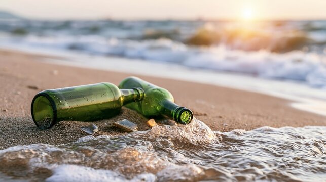 Green glass bottles discarded on wet beach sand, waves washing ashore during golden sunset light