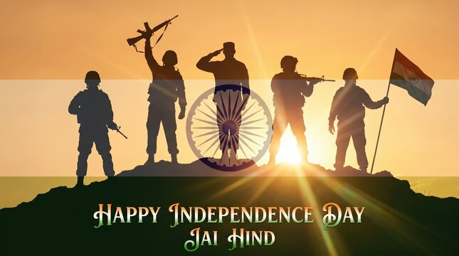 Silhouettes of soldiers on a background of India flag and the sunset or the sunrise. Greeting card for Independence day, Republic Day. India celebration. 