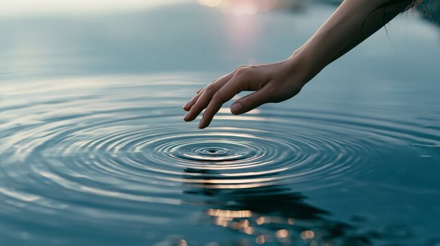 Hand touching water surface creating ripples, connecting with nature and inner peace, reflective blue tones