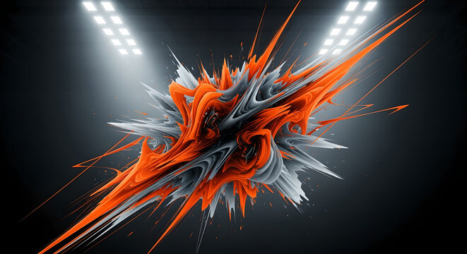 A dramatic and bold commercial advertising image with abstract orange and gray graphics under stadium lights.