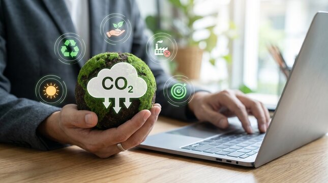 Businessman holding a green globe with co2 emission reduction icons, concept of environmental sustainability, carbon neutrality, and net zero emissions