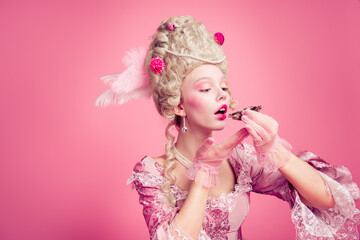 Fototapeta premium Photo of adorable lovely marie antoinette wear corset dress enjoying shellfish empty space isolated pink color background