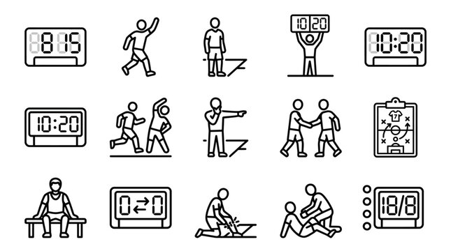 Set of sports substitution and match timing outline icons.