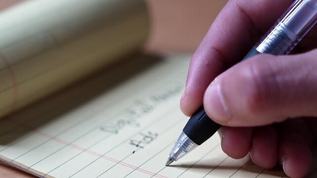 Close up of a person's hand using a pen to write a digital marketing checklist with ads and content bullet points on a yellow legal notepad resting on a wooden office desk.