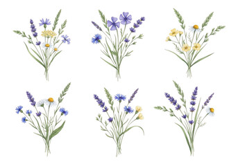 Obraz premium Delicate wildflower bouquets with lavender and chamomile for floral design and celebration themes