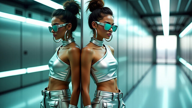 Matching highwaisted metallic silver iteration cargo pants with multiple detailed pockets straps and a silver
