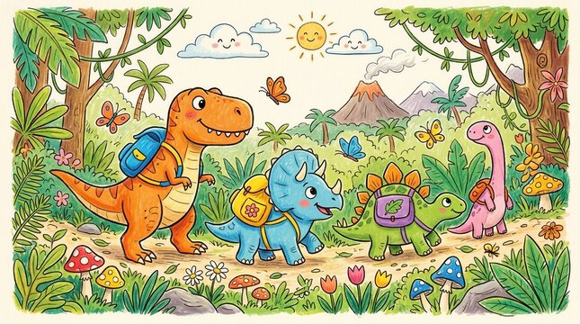 Four friendly dinosaurs walk on a jungle path, carrying backpacks, under a sunny sky