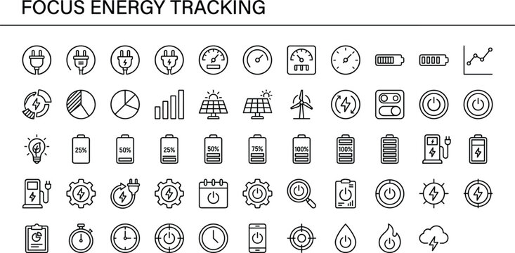 Focus energy tracking outline icon set with battery levels, power controls, charging, performance meters and productivity symbols