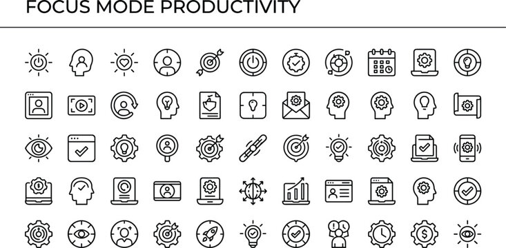 Focus mode productivity outline icon set with concentration tools, goals, time management, motivation and workflow efficiency symbols