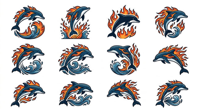 Dolphin jumping out of water with flames and waves.
