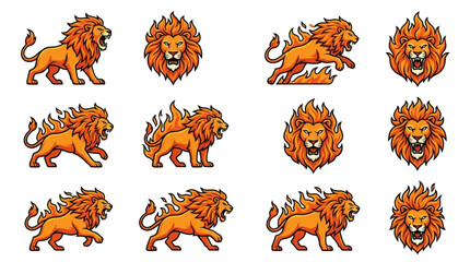 Lion with fiery mane set of illustrations. © Nu