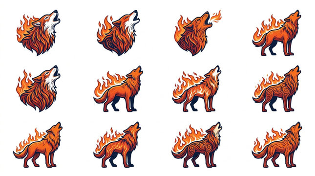 Fiery Wolf Howling and Standing Collection Pixel Art.