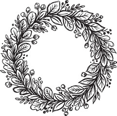Obraz premium Hand-drawn circular floral wreath illustration with leaves and berries, vintage botanical design in black and white.