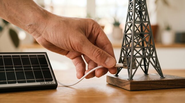 A hand connects a white cable from a solar panel to a small model oil rig on a wooden surface indoors.