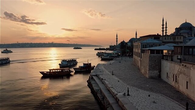 Beautiful sunset over Istanbul Bosphorus with S&uuml;leymaniye Mosque and ferries