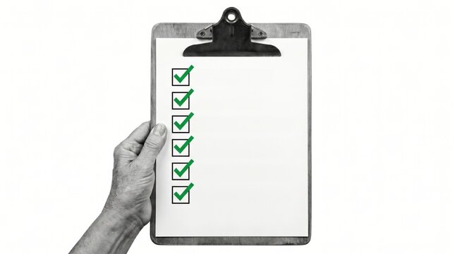 A hand holds a clipboard with a checklist displaying seven green checkmarks on a blank white paper.