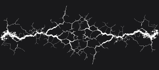 White crack lightning border with branching electric fracture lines on black background creating a powerful energy effect. Abstract thunder split design for technology, danger and impact themes. © Parul