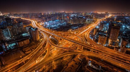 Obraz premium Overhead view of illuminated highway interchange at night in urban cityscape