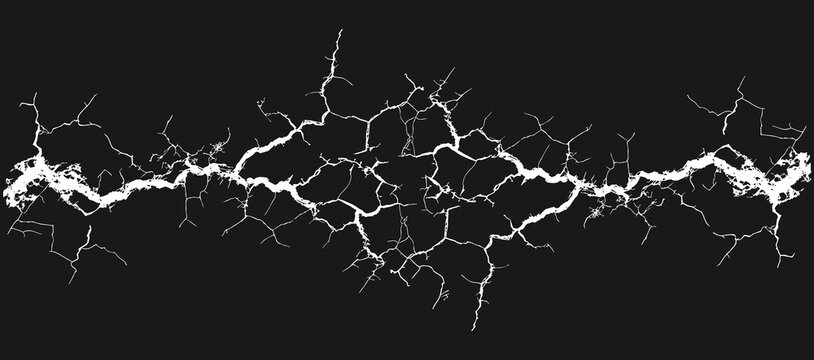 White crack lightning border with branching electric fracture lines on black background creating a powerful energy effect. Abstract thunder split design for technology, danger and impact themes.