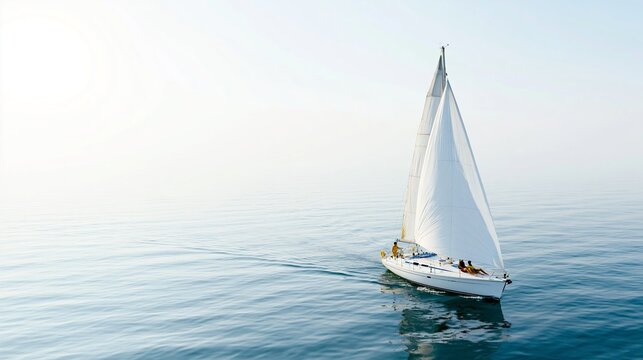 Sailboat navigating calm ocean waters, passengers relaxing enjoying a serene voyage, peaceful morning cruise