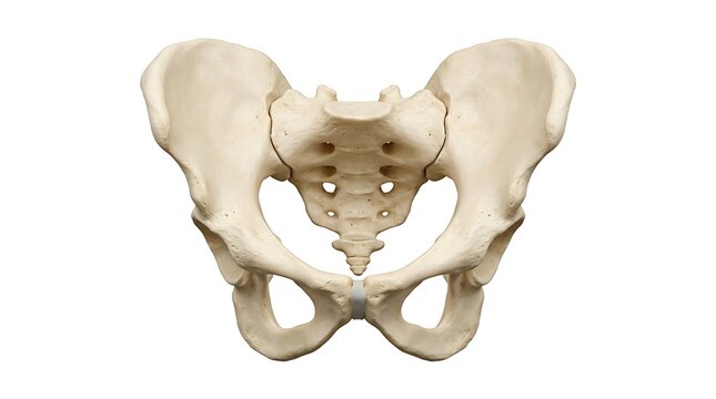 Anatomically accurate human pelvis and sacrum bone structure isolated on a pure white background.