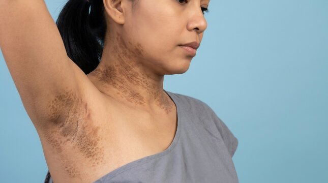 Close-up of an adult woman showing dark skin patches and hyperpigmentation on her neck and underarm area