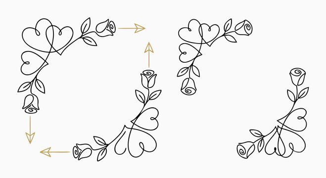 valentine border with interlinked hearts roses and golden arrows