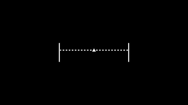 Minimalist white architectural section line icon with a horizontal dashed vector cutting plane indicator and arrow on a black background.