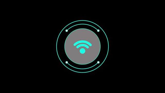 Futuristic cyan wifi signal icon with a grey circular badge and glowing network orbit paths on a dark black background.