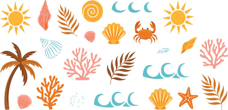 Colorful tropical beach and nature illustration set