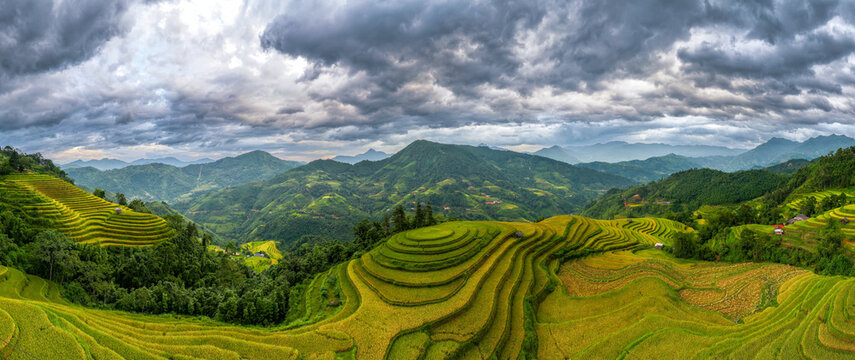 Aerial drone view of rice terrace field in the mist, northern of Vietnam