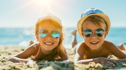 Obraz premium Smiling children wearing sunglasses and hats, lying on sunny sand beach during summer vacation