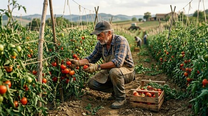 Fototapeta premium Farmer Harvesting Fresh Ripe Tomatoes in Lush Agricultural Field