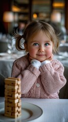 Fototapeta premium Young girl smiles while sitting at a table with a wooden block tower in a bright indoor setting